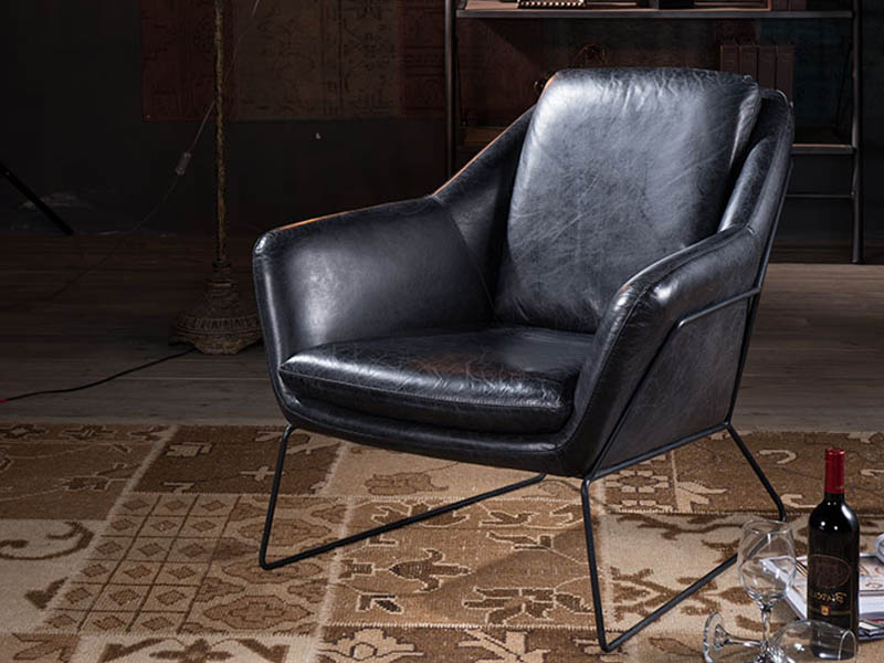 Black Real Leather Metal Base Industrial Armchair