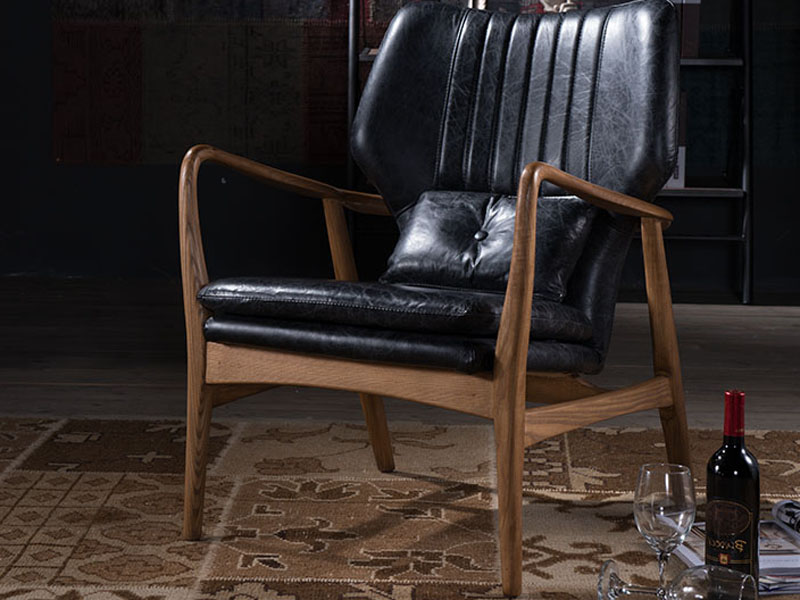 Solid Wood Vintage Leather Mid-Century Armchair