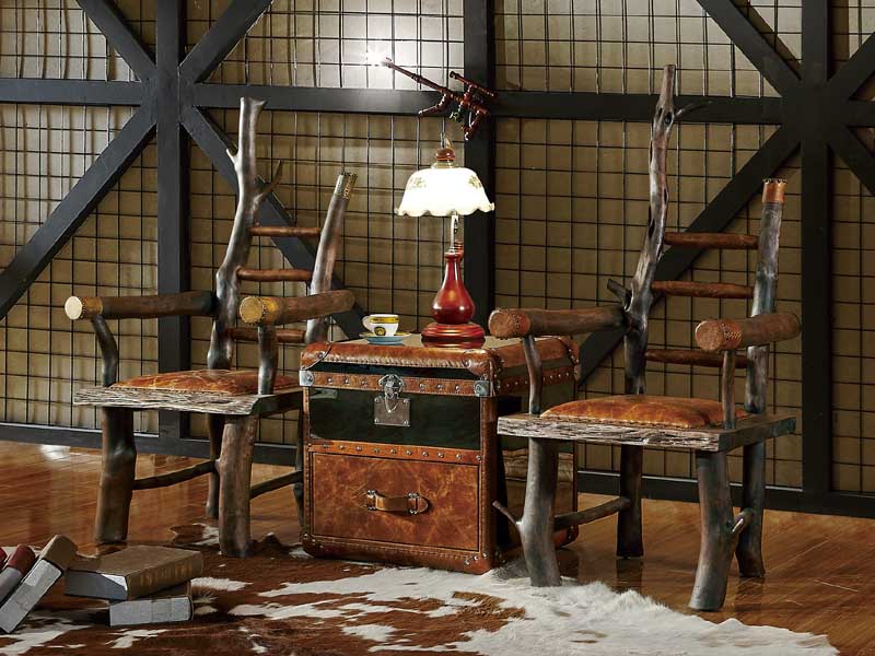 Vintage Solid Wood Chair with Leather Cushion and Rivets