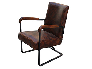 Metal Frame Wood Arm Aged Cow Leather Chair