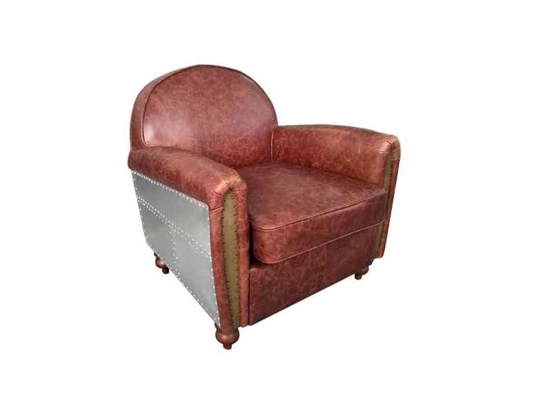 Brown Vintage Leather Seat Sofa Chair Aluminium Back Brass Inner Armrest
