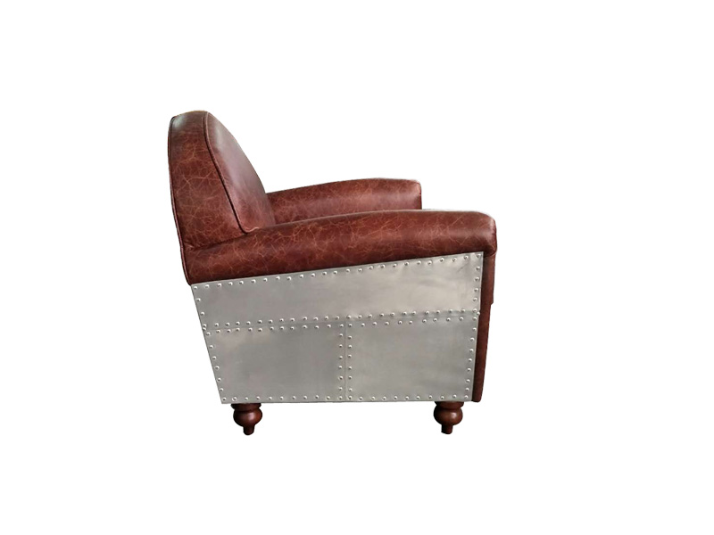 Brown Vintage Leather Seat Sofa Chair Aluminium Back Brass Inner Armrest