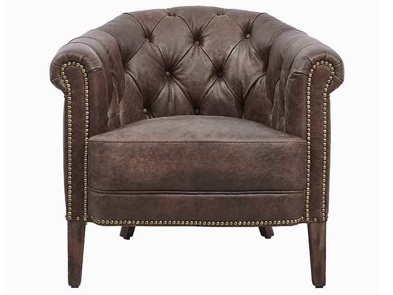 Roll Arm Distressed Leather Tufted Back Chair