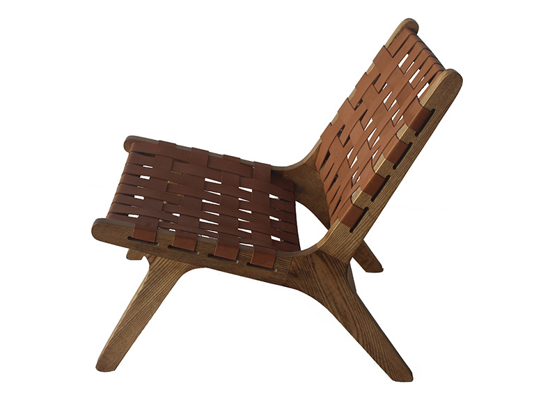 Solid Wood Frame Vintage Tan Woven Leather Chair