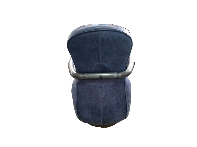 Metal Frame Dark Blue Leather Chair With Arms And Wide Seat