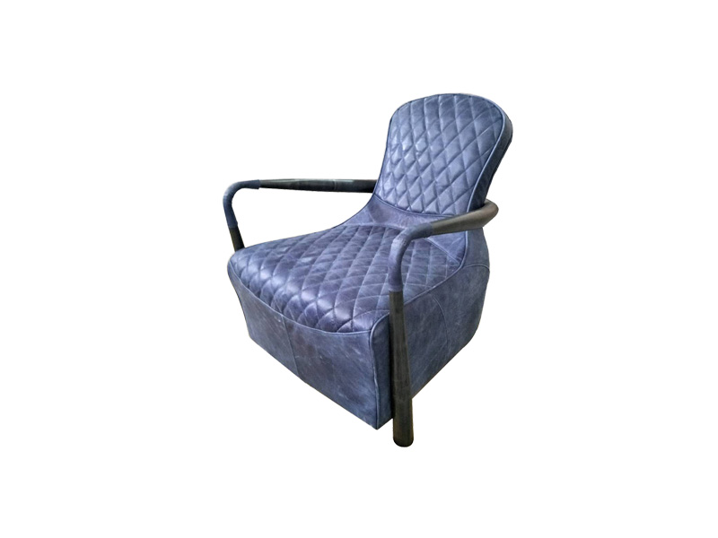 Metal Frame Dark Blue Leather Chair With Arms And Wide Seat