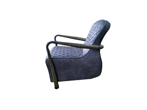 Metal Frame Dark Blue Leather Chair With Arms And Wide Seat