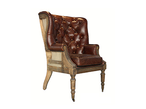 Wing Back Antique Leather Chair With Wood Legs