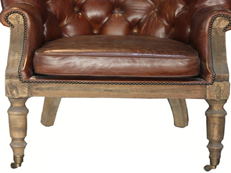 Wing Back Antique Leather Chair With Wood Legs