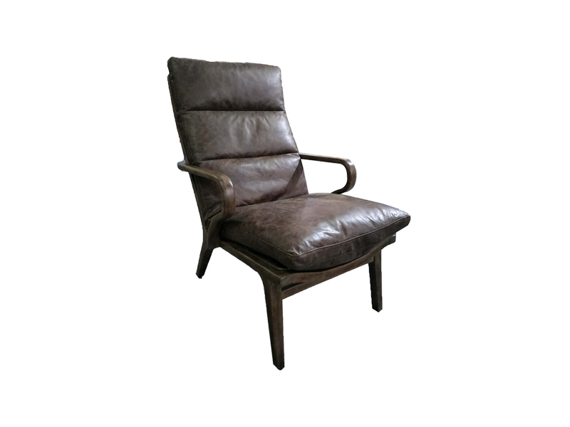 High Back Leather And Wood Chair With Ottoman Has Armrest