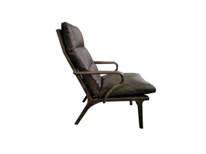High Back Leather And Wood Chair With Ottoman Has Armrest