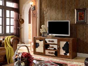 Vintage Cowhide Leather TV Stand with Drawers