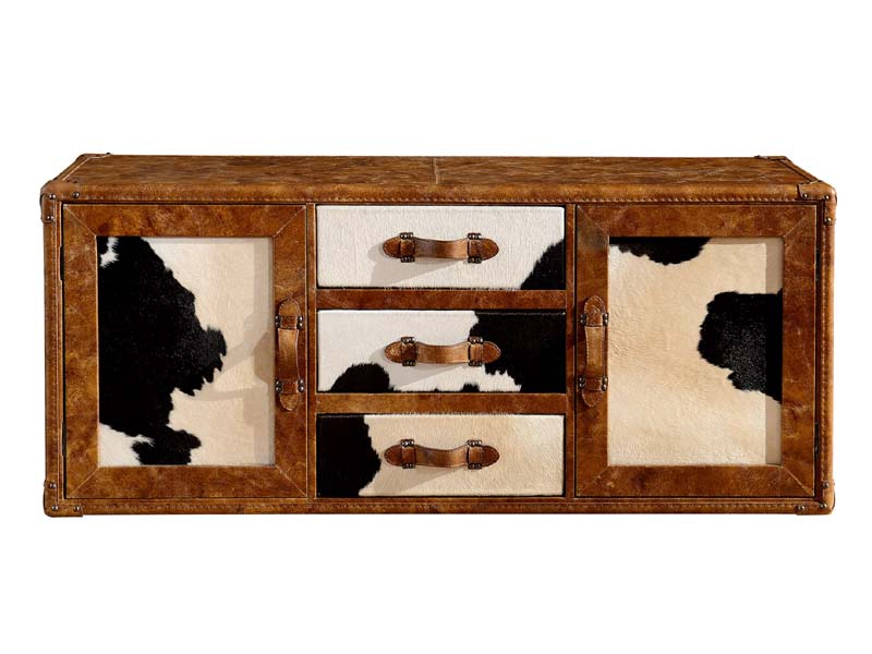 Vintage Cowhide Leather TV Stand with Drawers