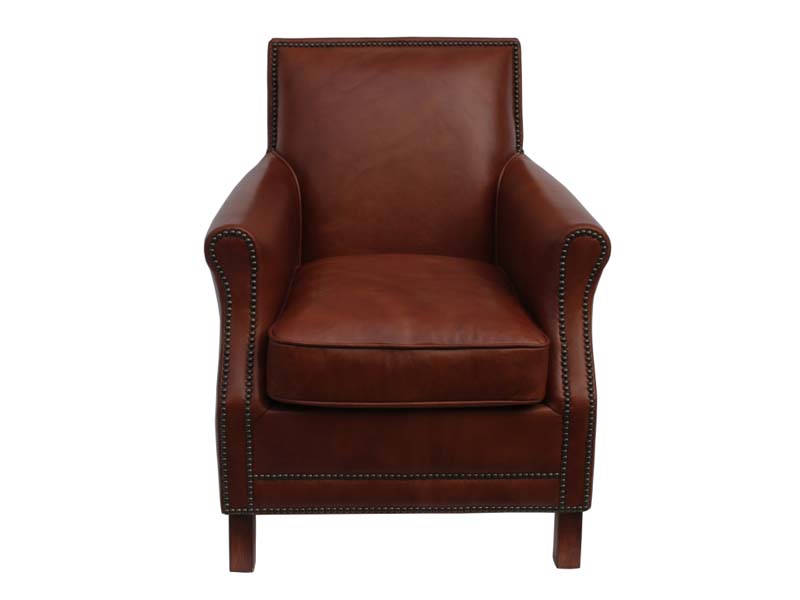 Antique Leather Riveted Roll Arm Sofa Chair