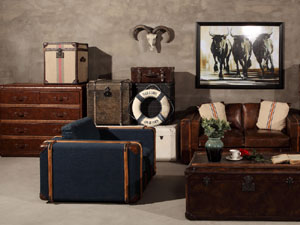 Industrial Fabric Sofa with Rattan