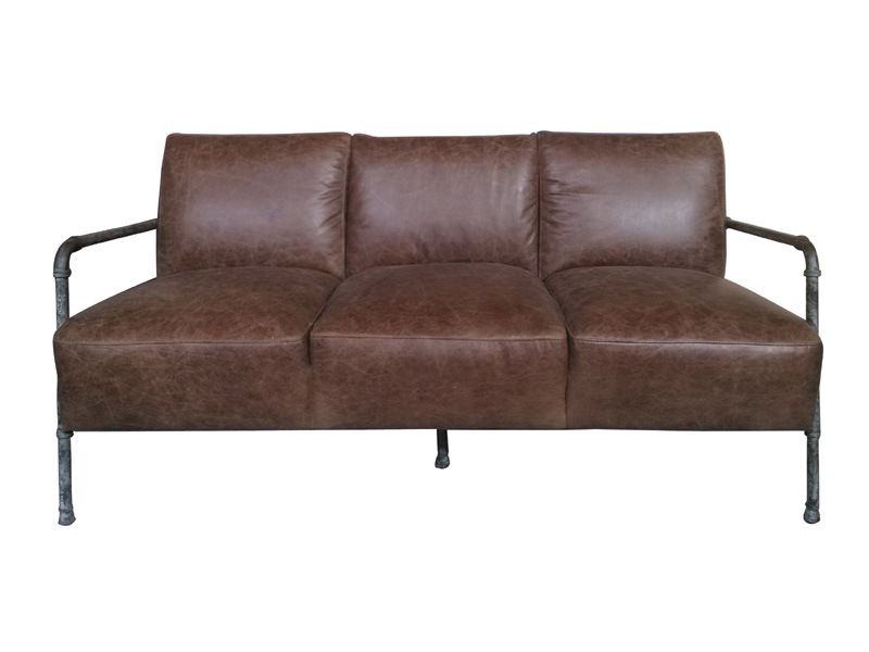 Tubular Steel Frame 3 Seater Sofa with Vintage Leather