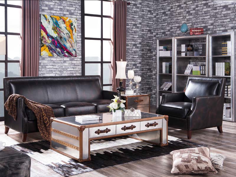 Antique Black Cow Leather Sofa 3S