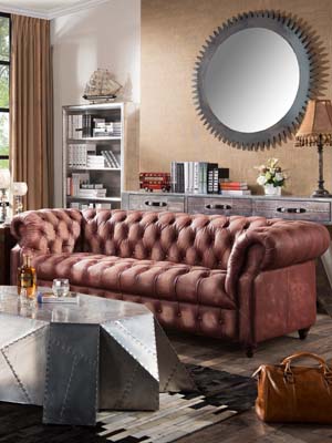 Antique Red OX Cow Leather Button Back Sofa 3S