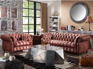 Antique Red OX Cow Leather Button Back Sofa 3S