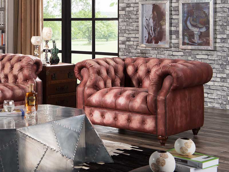 Antique Red OX Cow Leather Button Back Sofa