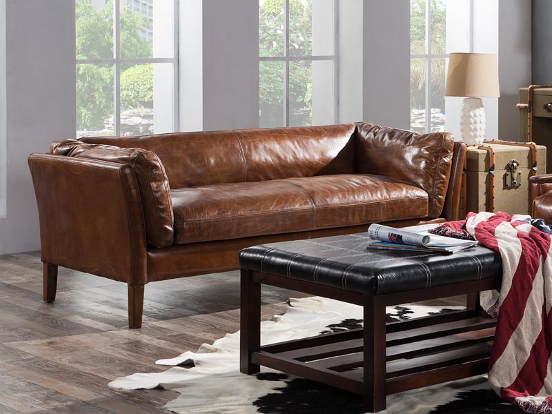 Mid-century Vintage Leather Brown Sofa Set