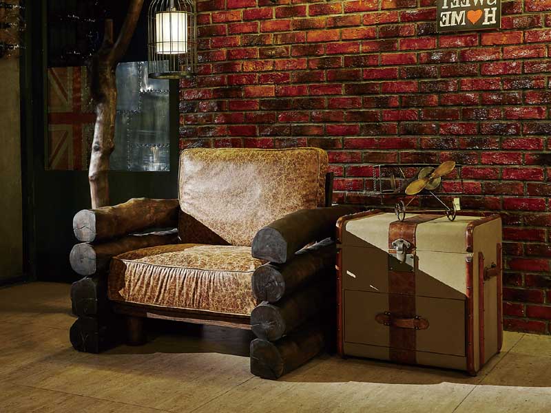 Original Solid Wood Sofa with Antique Leather Cushion