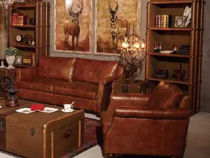 Roll Arm Antique Tan Leather Sofa Set