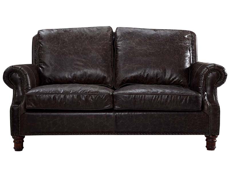 Roll Arm Black Antique Leather Love Seat Sofa