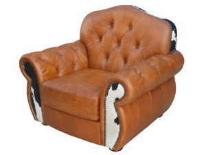 Roll Arm Tufted Back Sofa Chair with Cow Hide Leather Arm