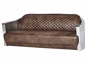 Stainless Steel Arm Vintage Brown Leather 3 Seater Sofa
