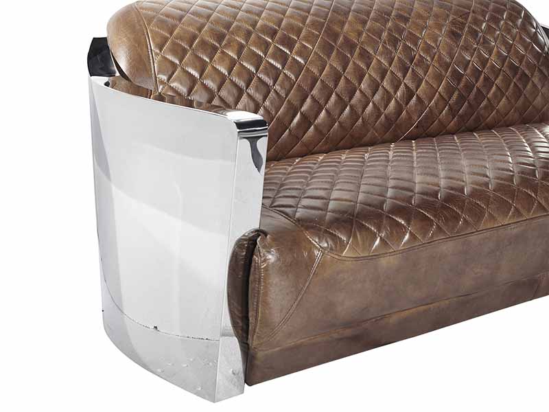 Stainless Steel Arm Vintage Brown Leather 3 Seater Sofa