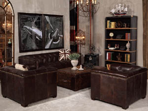 Tufted Back Antique Leather Sofa Set