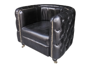 Tufted Button Side Black Vintage Leather Armchair with Wheels