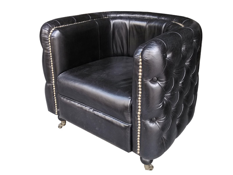 Tufted Button Side Black Vintage Leather Armchair with Wheels