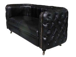 Tufted Button Side Black Vintage Leather Sofa with Nailheads