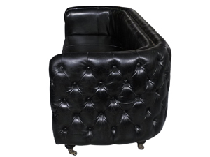 Vintage Black Grain Cow Leather 3S Sofa with Tufted Button Side