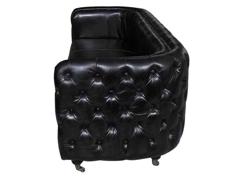 Vintage Black Grain Cow Leather 3S Sofa with Tufted Button Side