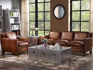 Vintage Leather 3S Sofa with Rivets