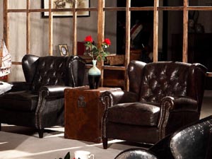 Vintage Leather Button Tufted Wing Back Chair