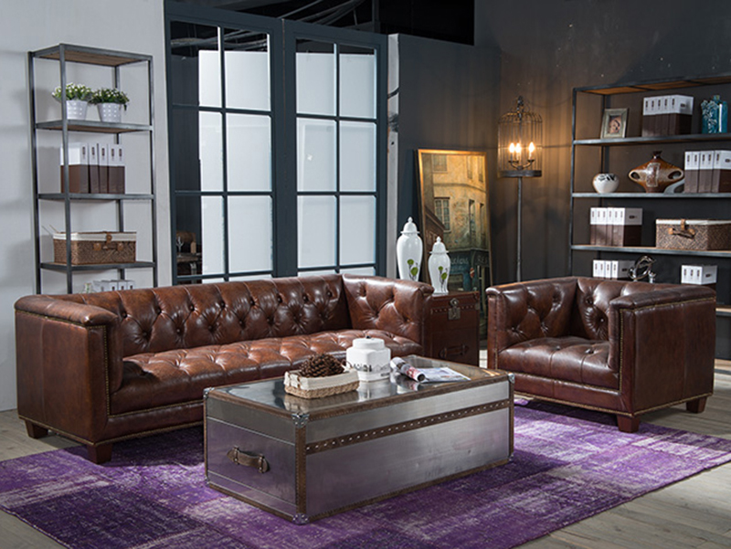 Vintage Old Top Grain Brown Leather Sofa Set 