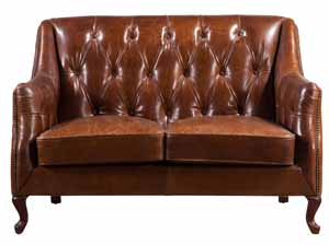 Wood Leg Vintage Leather Brown Loveseat Sofa