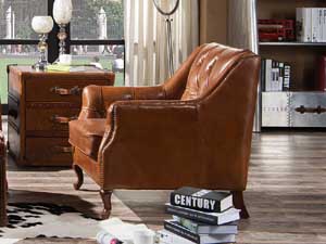 Wood Leg Vintage Leather Brown Sofa Chair
