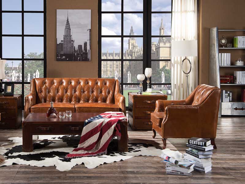 Wood Leg Vintage Leather Brown Sofa Set