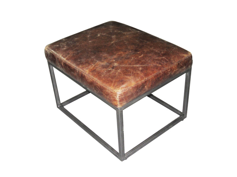 Brown Vintage Leather Ottoman With Metal Frame Genuine Leather