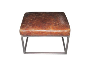 Brown Vintage Leather Ottoman With Metal Frame Genuine Leather