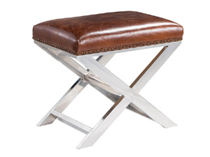 X Base Metal and Vintage Leather Ottoman