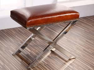 X Base Metal and Vintage Leather Ottoman