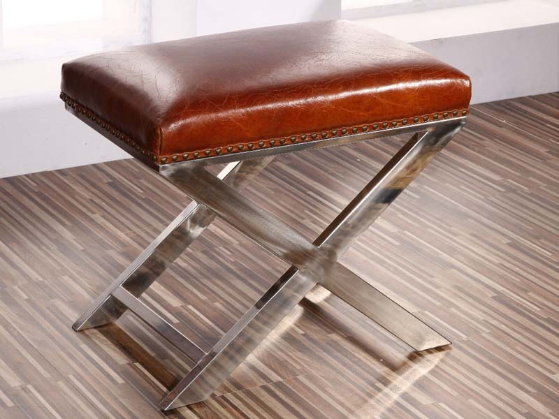 X Base Metal and Vintage Leather Ottoman