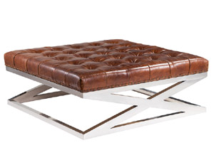 X Base Vintage Leather and Metal Ottoman