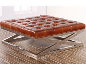 X Base Vintage Leather and Metal Ottoman